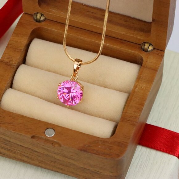 "Brilliant Round Pink Stone Rose Gold Pendant Sparkling Charm, XPPT1599 - Picture 10 of 13